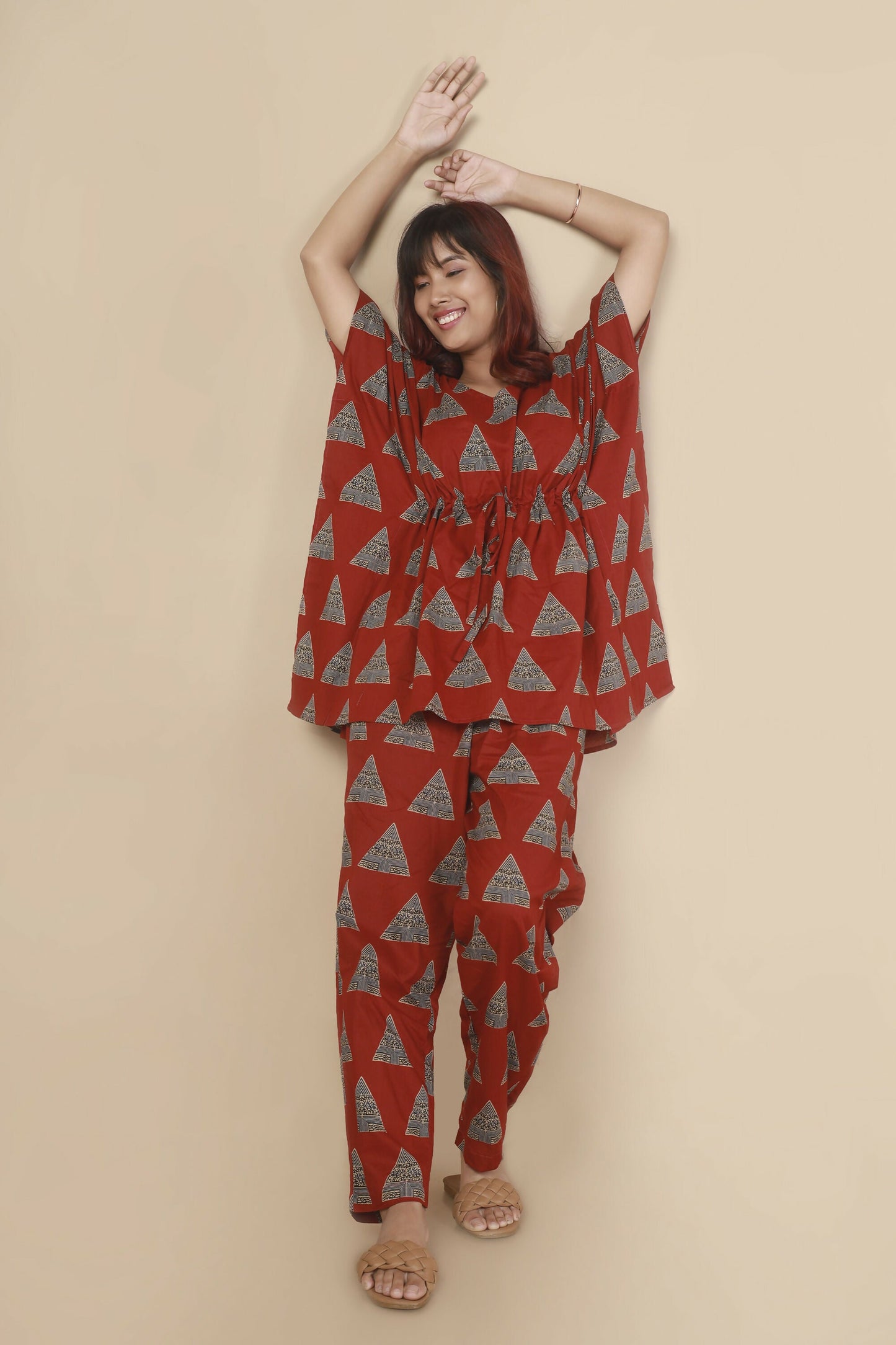 Breathables Women’S Loungewear Kaftan Cotton Red Geometric Print Co-Ord Set