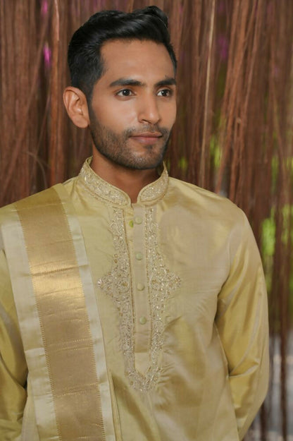 Olive Kanjivaram Machien Embroidered Pattu Set by Hilo Design