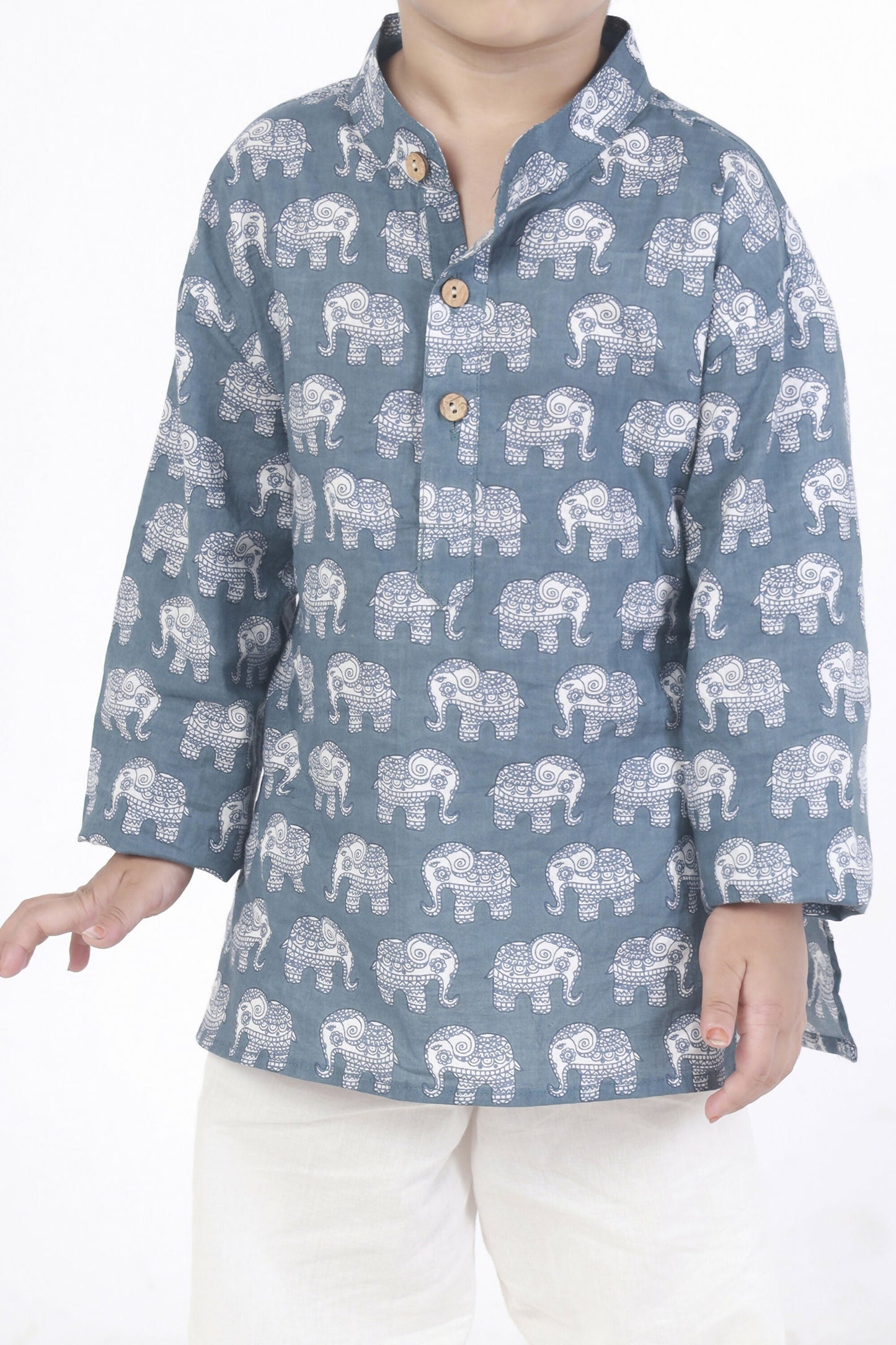 Breathables Kids Boys & Girls Cotton Night Suit – Grey Elephant Print Kurta & Pyjama Co-Ord Set