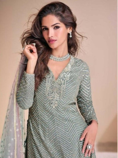 Anaita Sky-Blue Georgette Readymade Suit with Codding Dori & Sequence Work