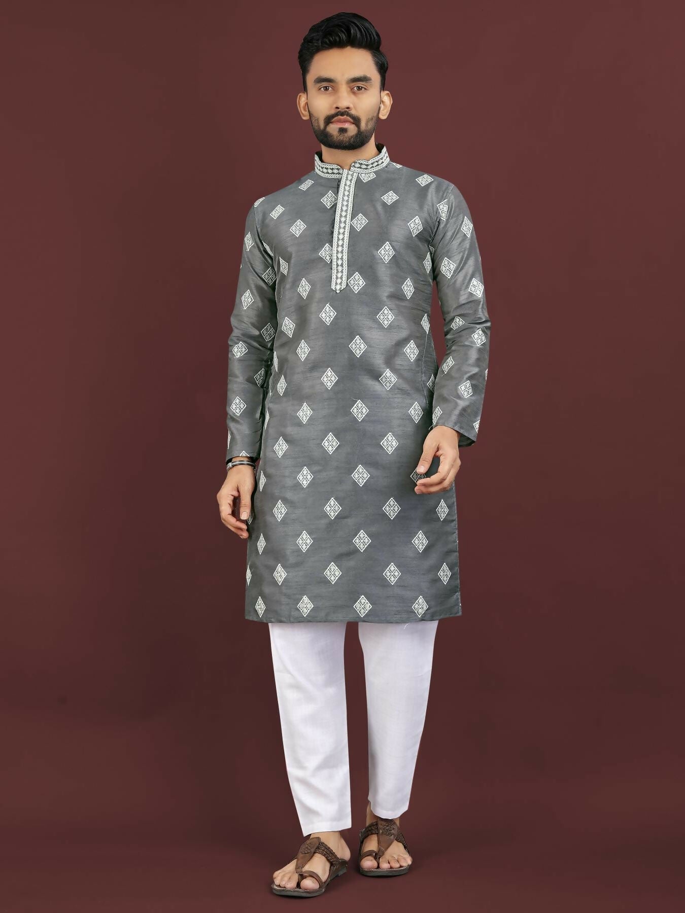 Anaita Grey Embroidered Silk Straight Kurta