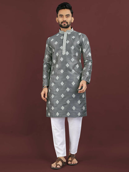 Anaita Grey Embroidered Silk Straight Kurta