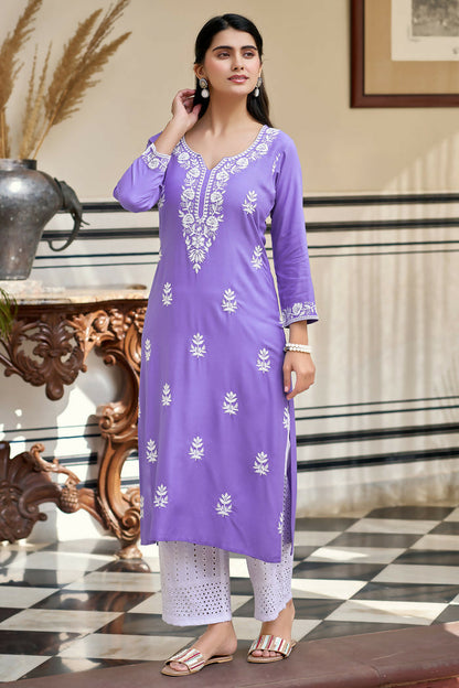 The52 Lavender Women's Gorgeous Chikankari work Pure Rayon Fabric Straight Kurta, Pant Set