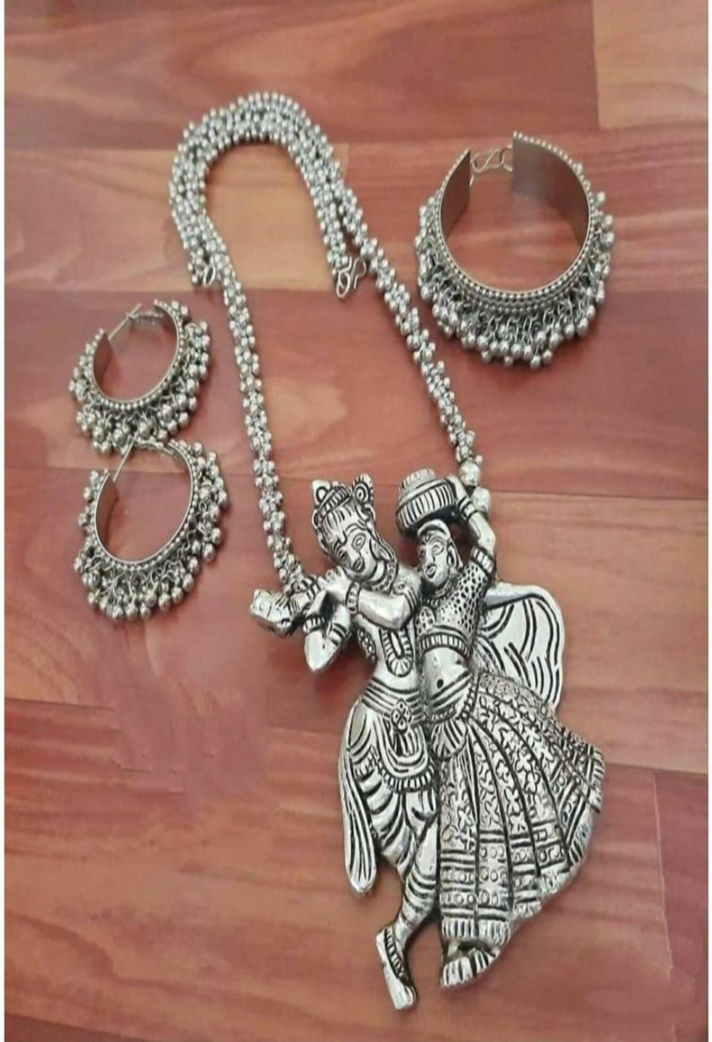 Mominos Fashion Johar Kamal Silver-Plated Brass Finish Radha Kishan Long Neckalce Combo Set For Women