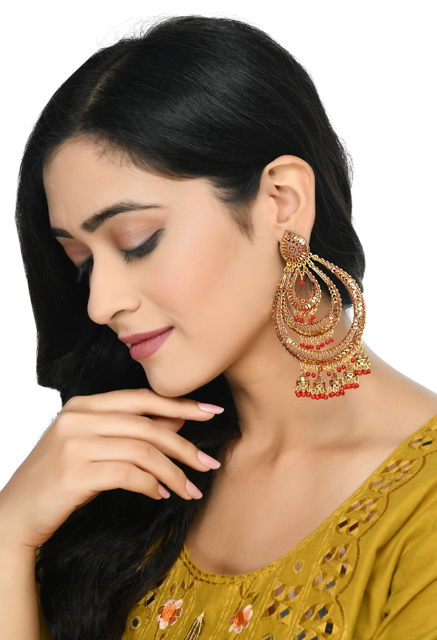 Mominos Fashion Johar Kamal Triple Circle White With Red Big Size Earrings