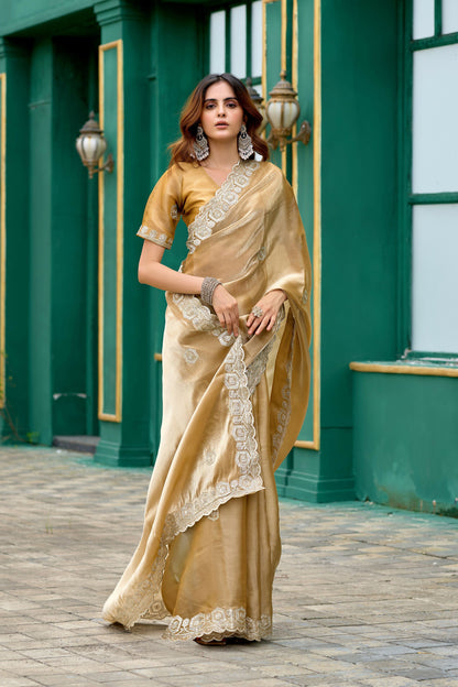 Vastranavya Beige Embroidery Work Shimmer Chiffon Saree with Unstitched Blouse