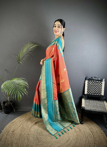 Joban Fashion Peach Banarasi Soft Silk Woven Saree