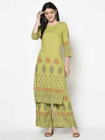 Aniyah Rayon Parrot Green Color Block Print Flared Slip-On Palazzo (AN-196K)