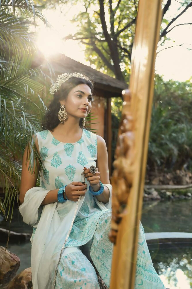 Juniper Blue Ethnic Motif Printed Georgette Kurta Sharara & Chiffon Dupatta Set