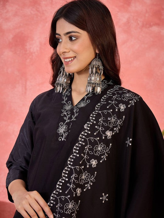 Sangria Women Floral Embroidered Silk Kurta with Trousers & Dupatta