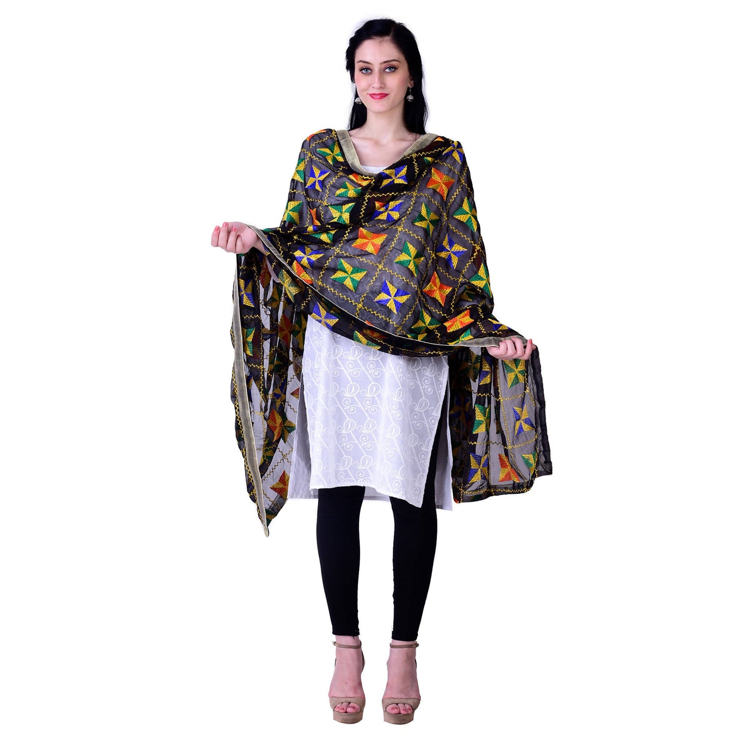 SWI Stylish Women's Embroidered Phulkari Chiffon Black Dupatta