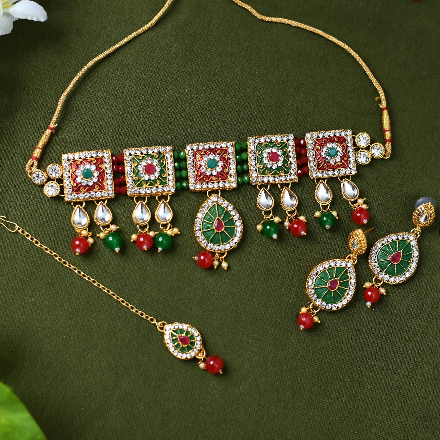 Mominos Fashion Johar Kamal Gold-Polished Brass Finish Meena & Pearls Work Choker For Women