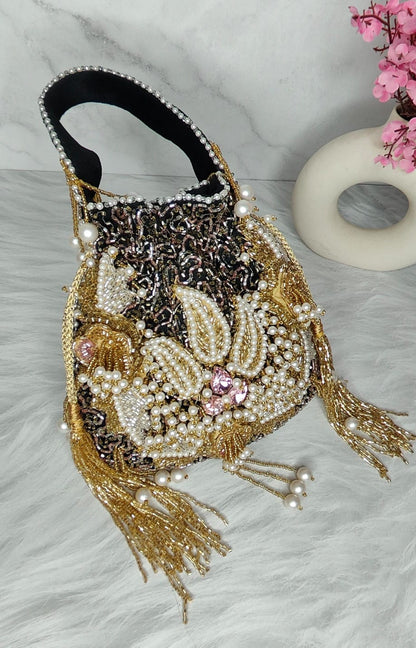 Women's Designer Heavy Potli Bag With Pearl And Sequin Work