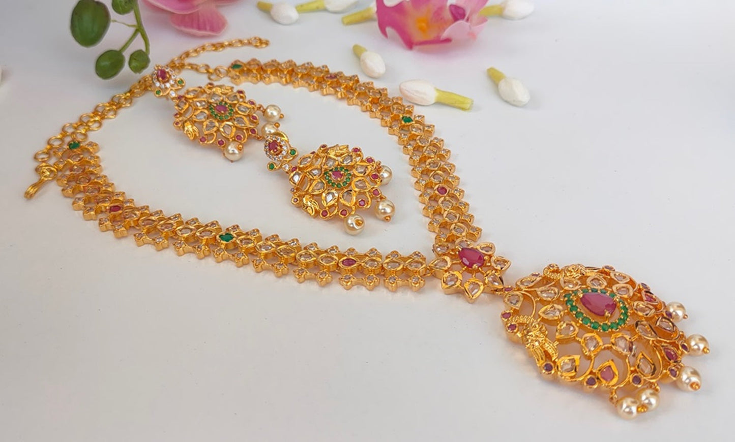 Pink & Green Bridal Necklace Set