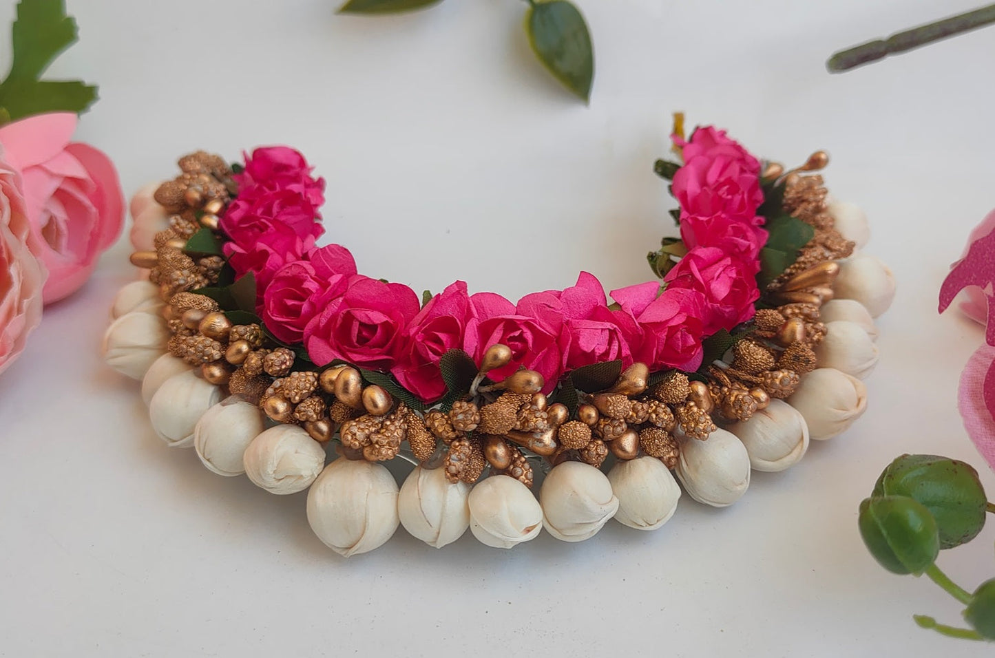 Pink & Gold Flower Hair Gajra