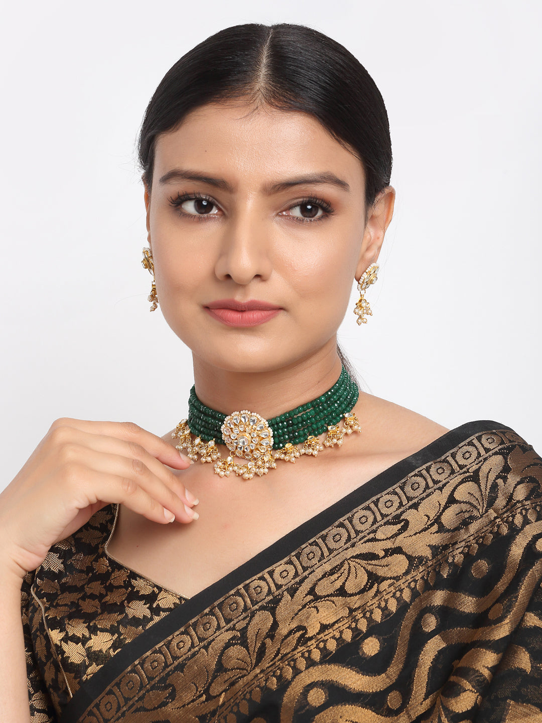 Gold-Polished Green Kundan-Studded Choker With Earrings - Ruby Raang