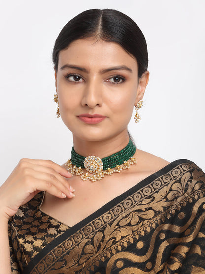 Gold-Polished Green Kundan-Studded Choker With Earrings - Ruby Raang