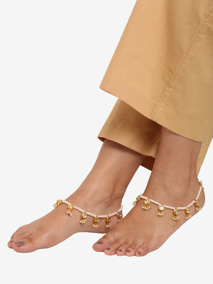 Gold-Polished White Handcrafted Kundan Set Of 2-Studded Beaded Anklets - Ruby Raang