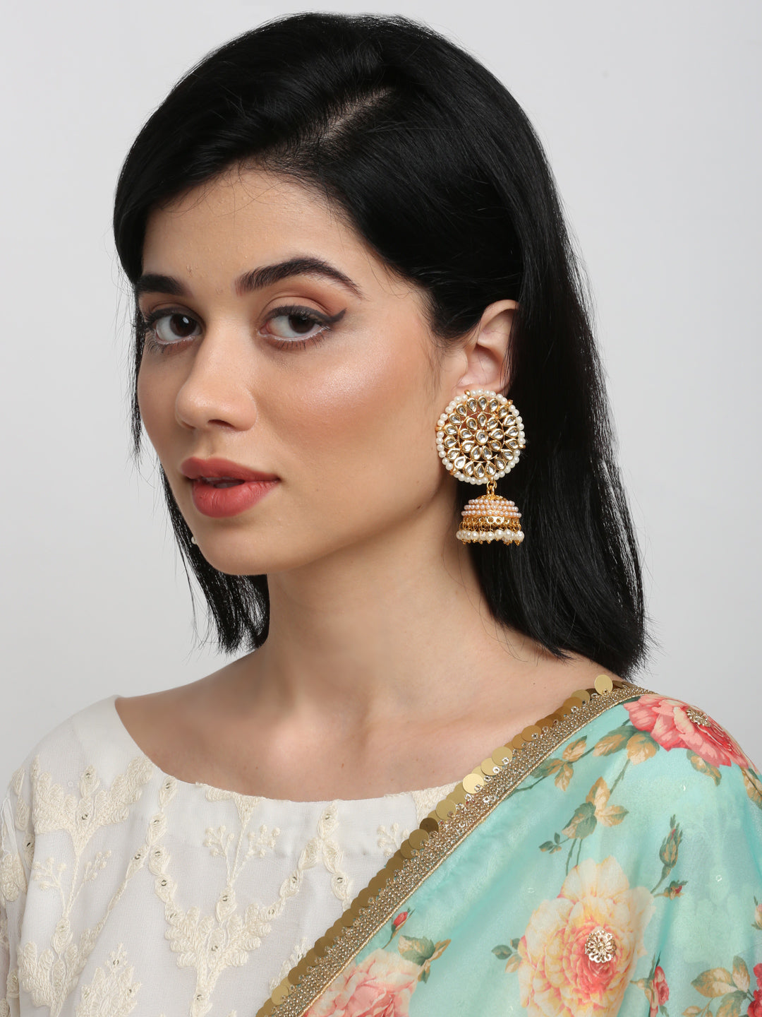 Gold White Kundan Studded Dome Shaped Jhumka Earrings - Ruby Raang