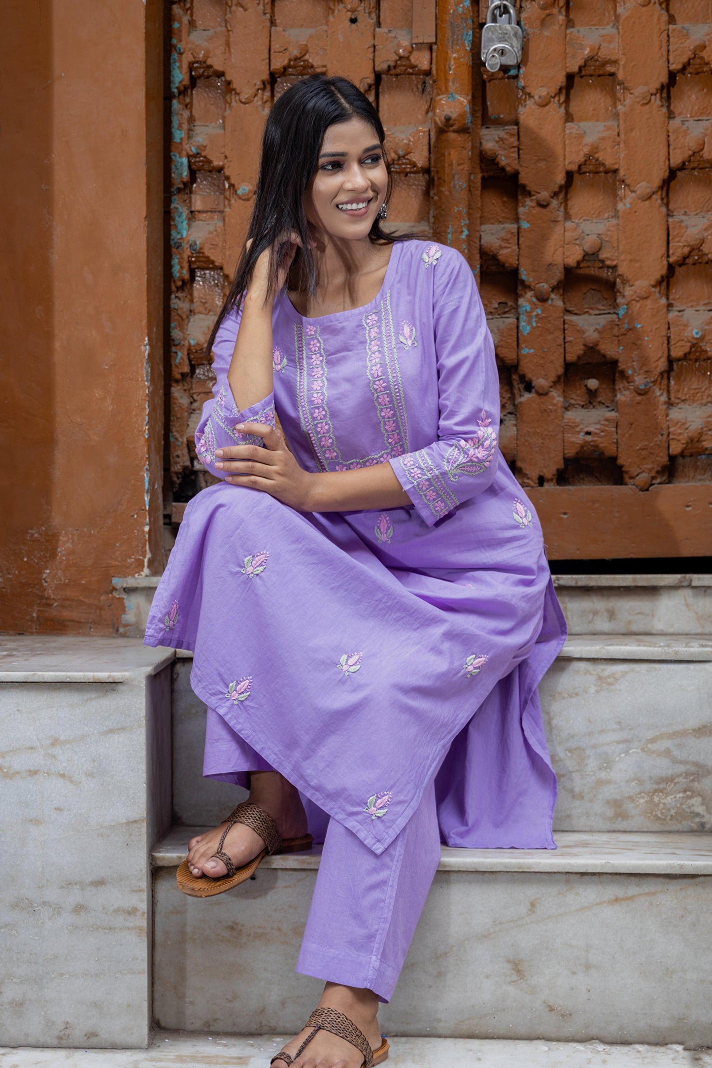 Gharana India Mul Cotton Lilac Chikankari Kurta Set - 2Pc