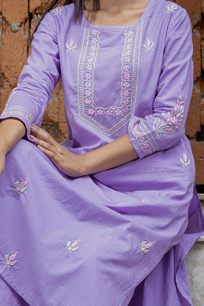 Gharana India Mul Cotton Lilac Chikankari Kurta Set - 2Pc