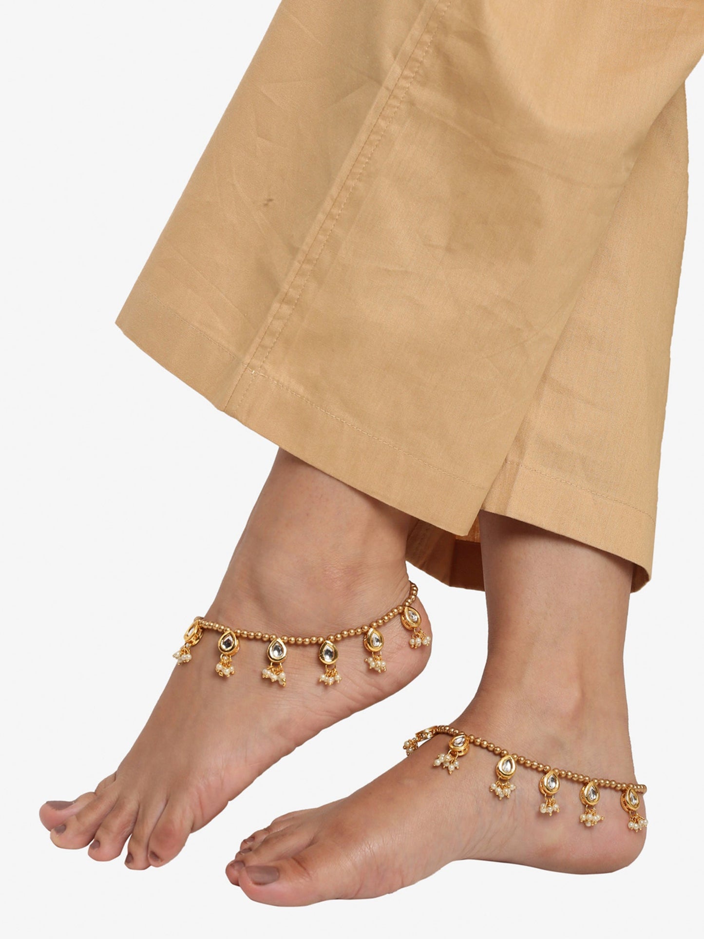 Gold-Polished White Kundan Set Of 2 Anklets - Ruby Raang