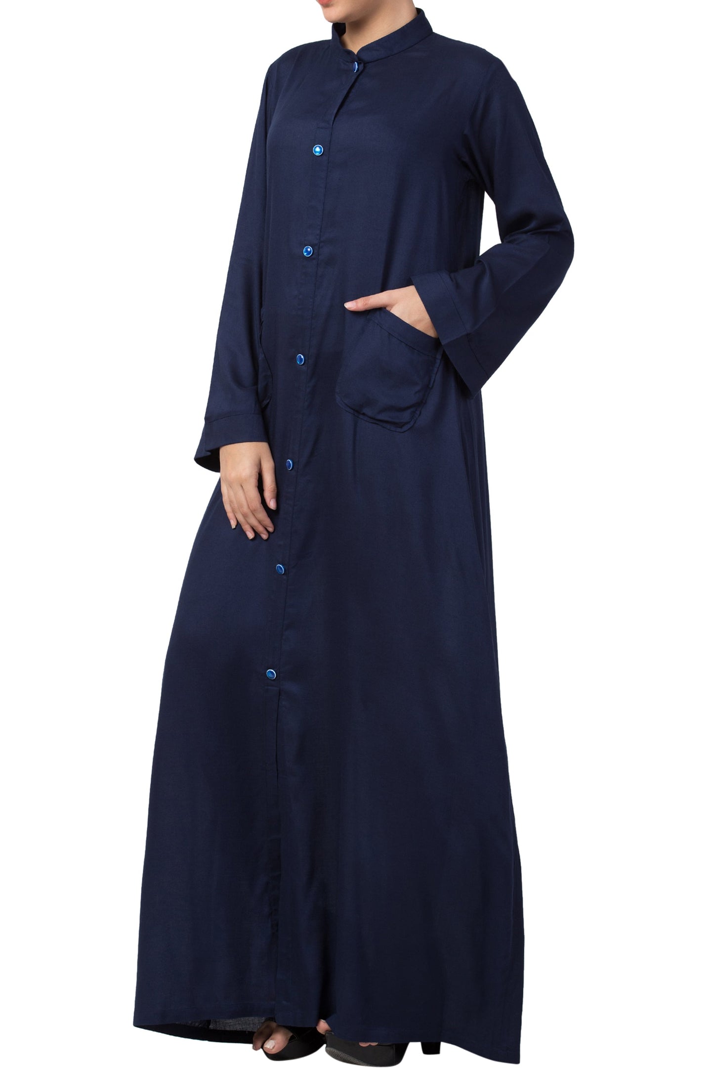 Bashariya Simple Front Open Abaya In Rayon Fabric With Pockets - NavyBlue