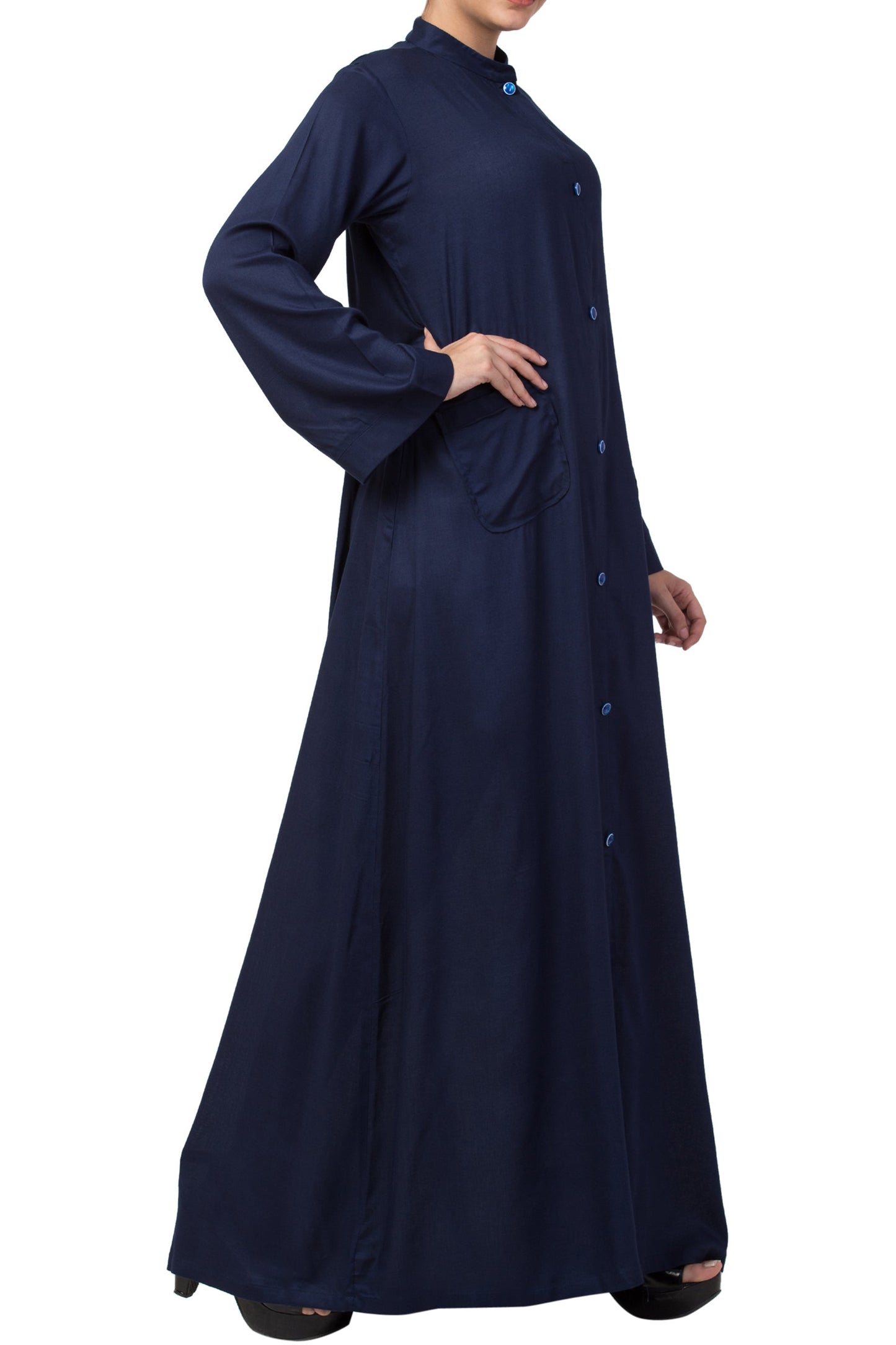 Bashariya Simple Front Open Abaya In Rayon Fabric With Pockets - NavyBlue
