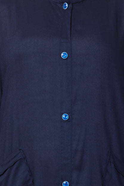 Bashariya Simple Front Open Abaya In Rayon Fabric With Pockets - NavyBlue