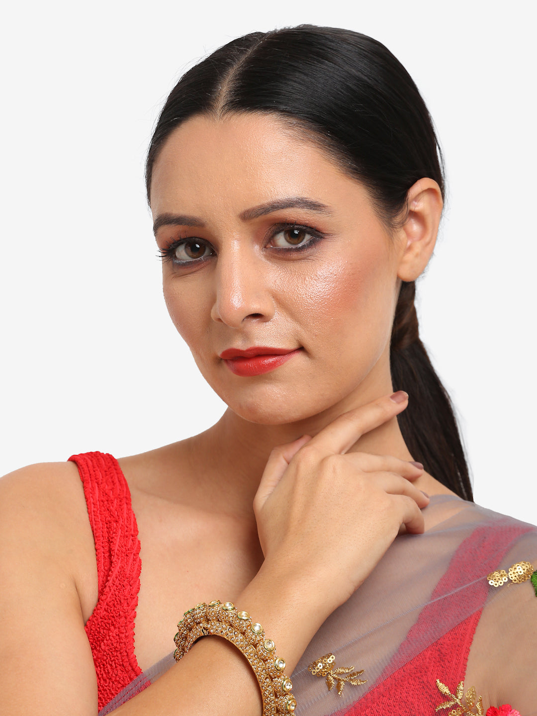 Gold-Polished White Pearl Studded Beaded Bangle - Ruby Raang