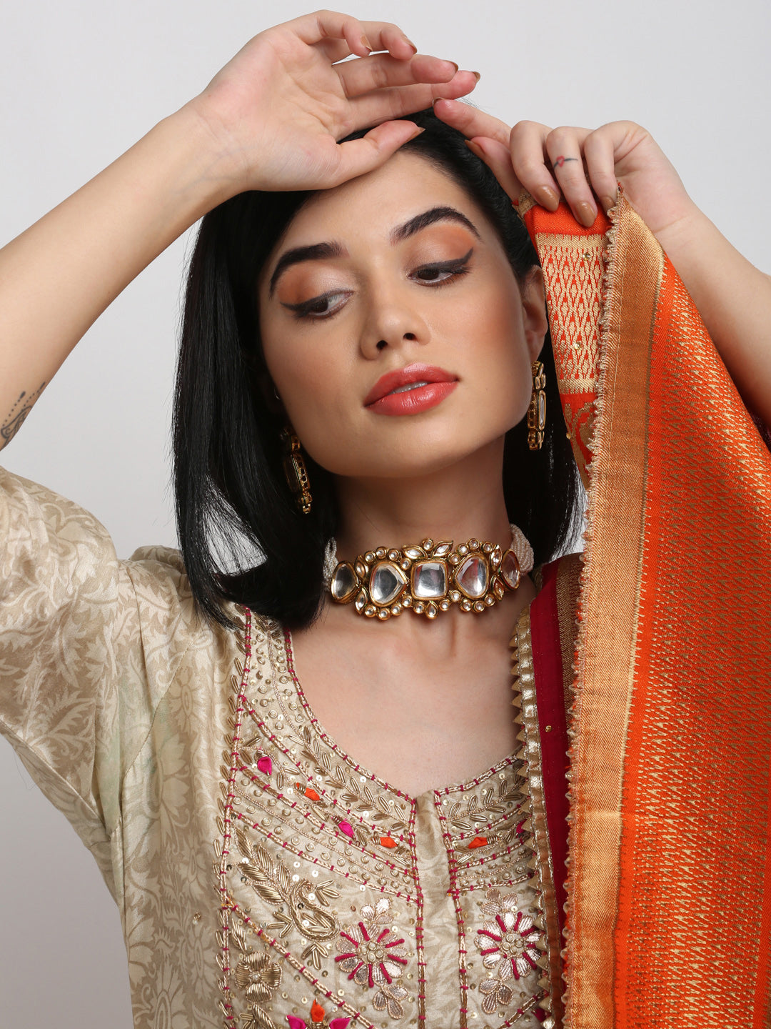 Kundan Choker With Earrings - Ruby Raang