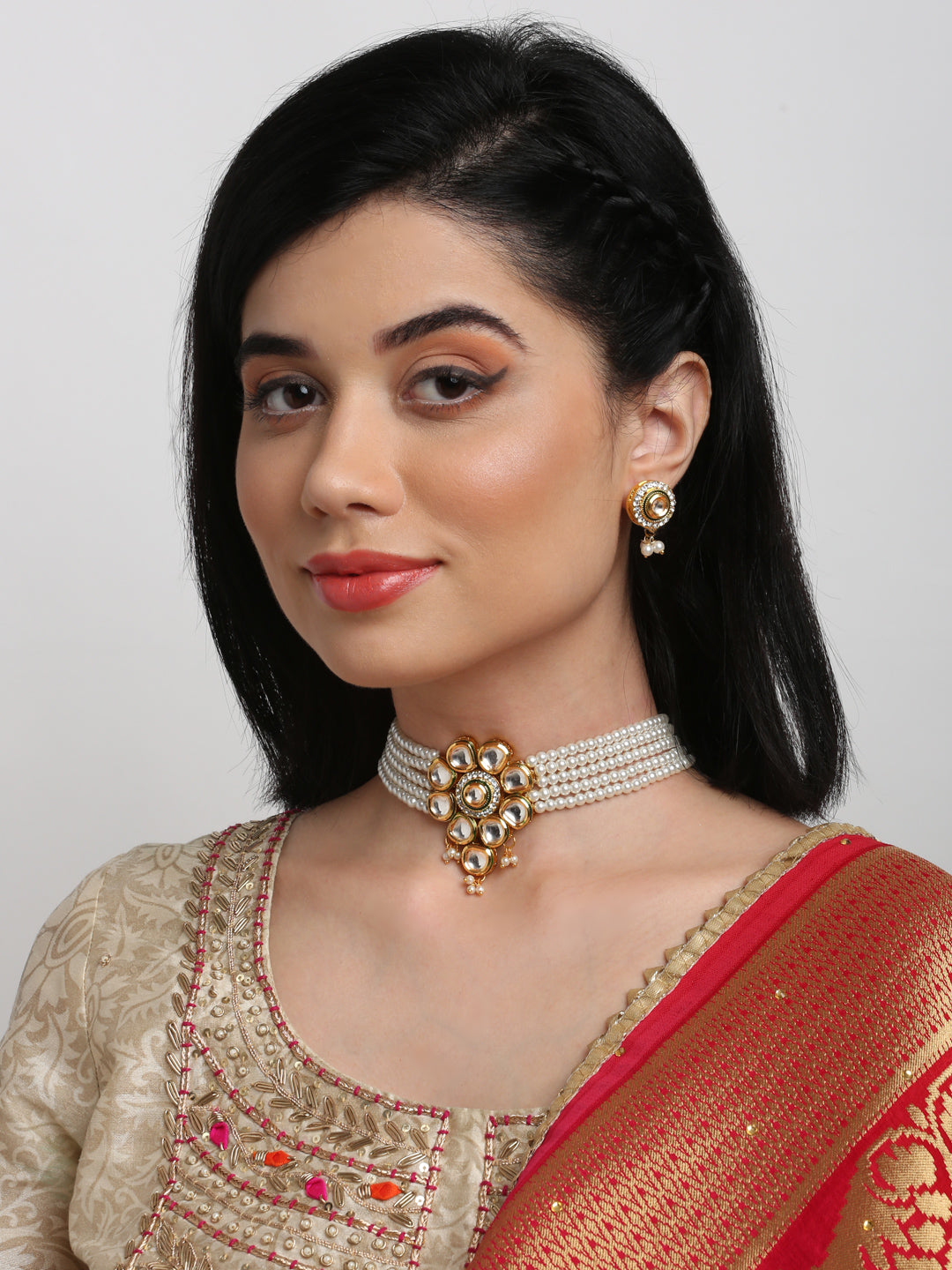 Kundan Choker With Pearls, Earrings - Ruby Raang