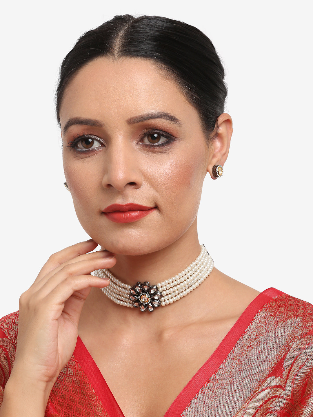 Silver-Plated Kundan Pearl Choker With Studs - Ruby Raang