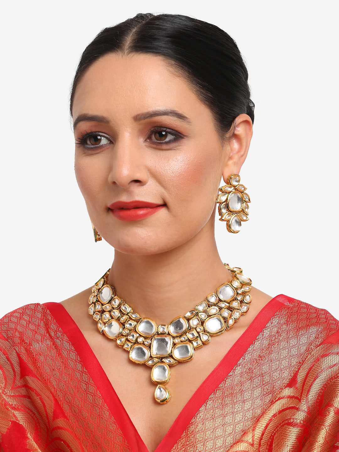 Gold-Toned Kundan Necklace With Earrings - Ruby Raang