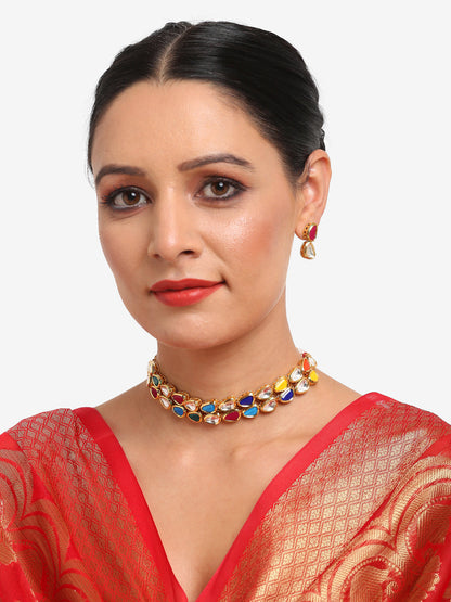 Multioloured Kundan Studded Choker Jewellery Set - Ruby Raang