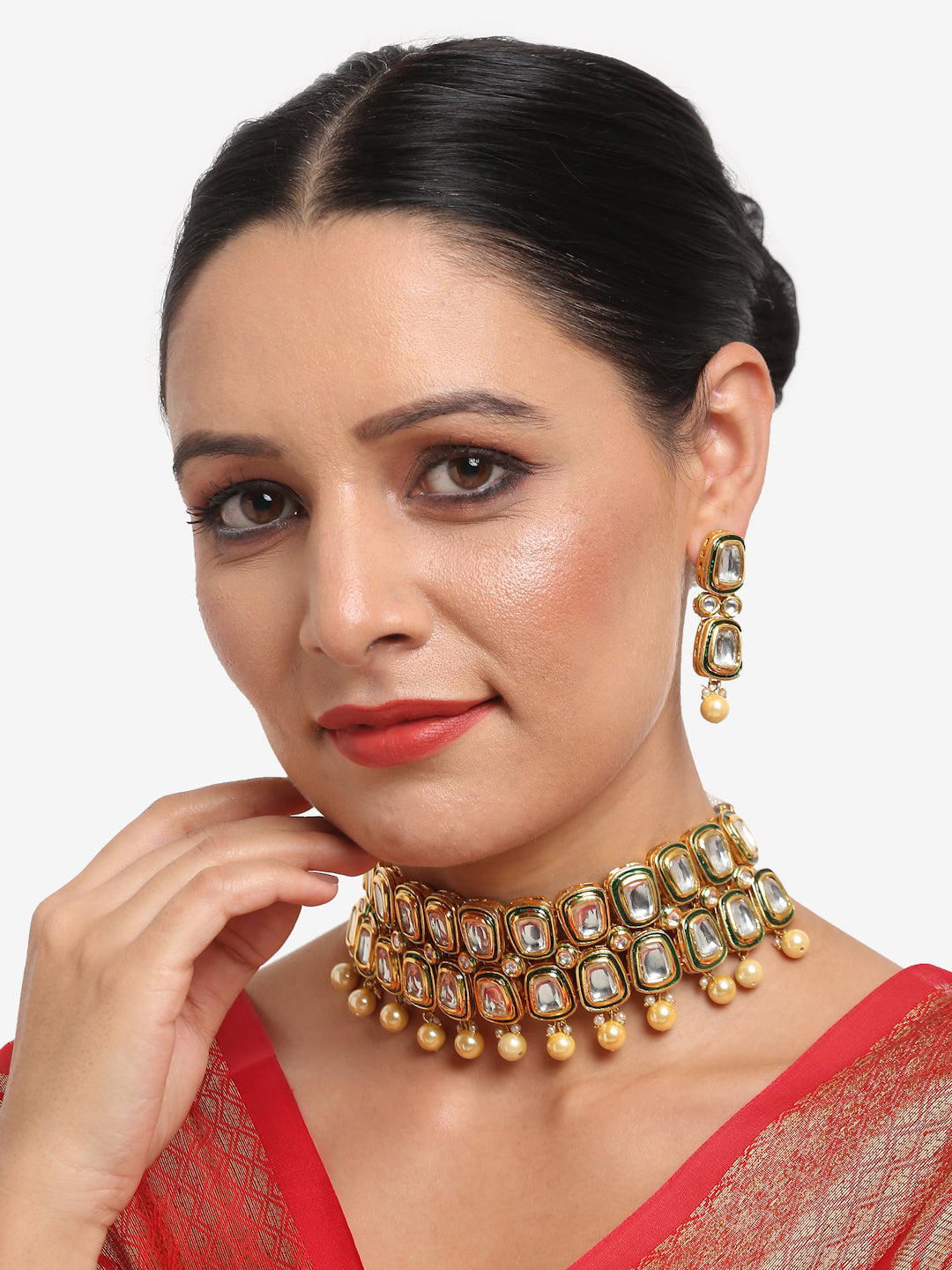 White Gold Toned Meenakari Kundan Choker With Earrings - Ruby Raang