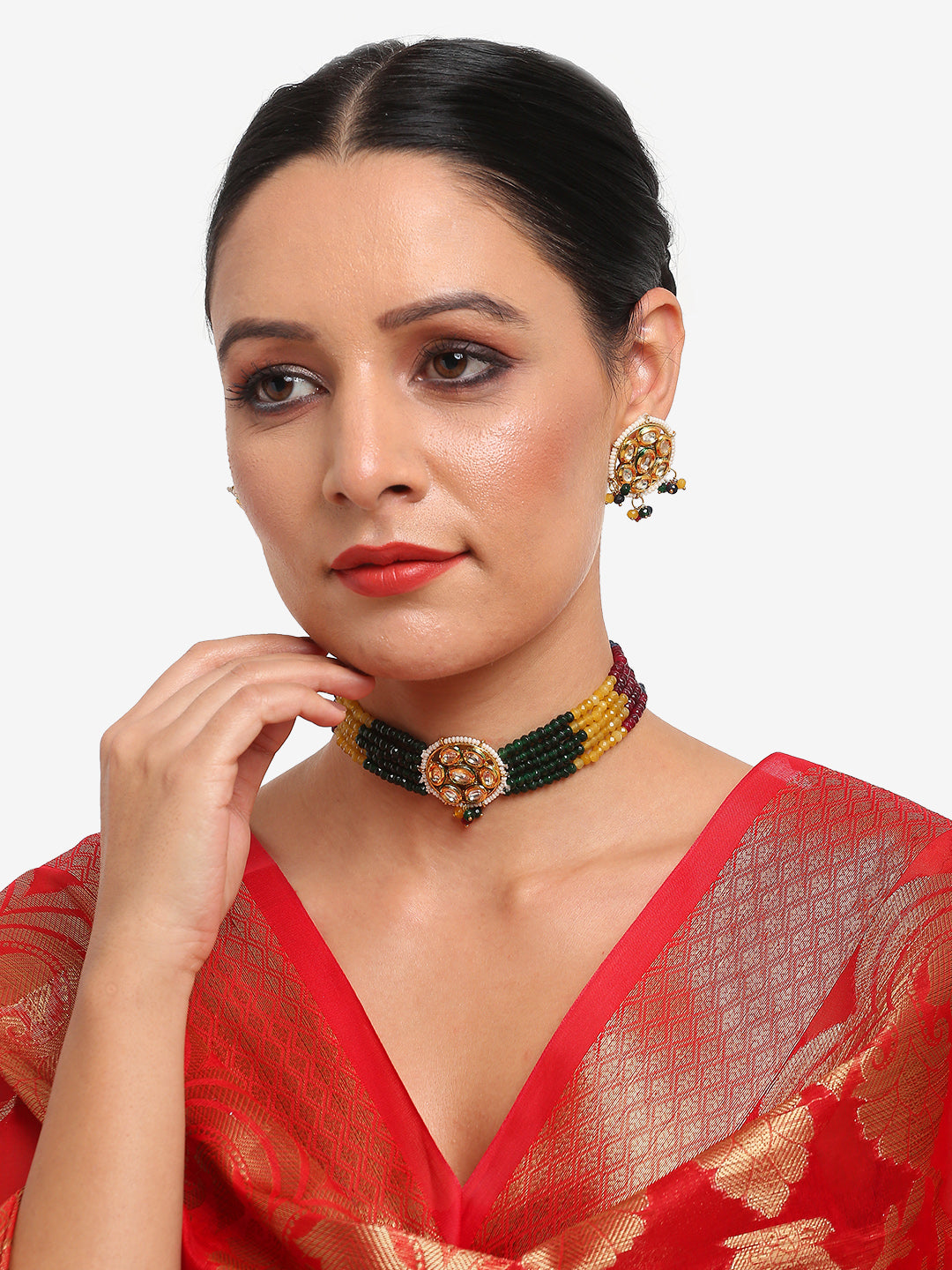 Multicoloured Kundan-Studded Beaded Choker Jewellery Set - Ruby Raang