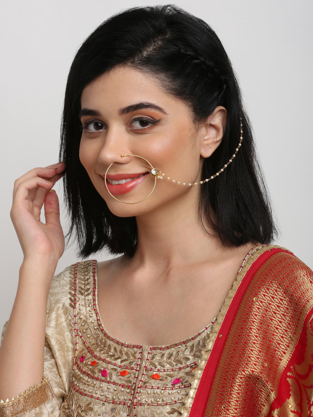 Gold-Polished Kundan Nose Ring - Ruby Raang