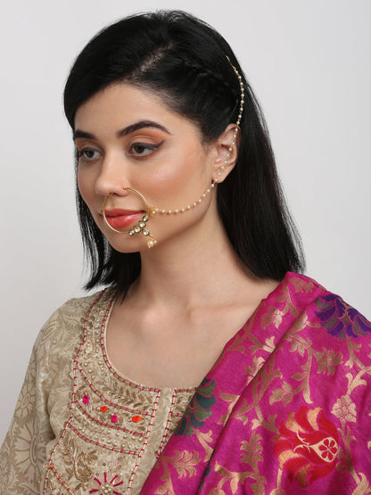 Gold-Polished Kundan Nose Ring - Ruby Raang