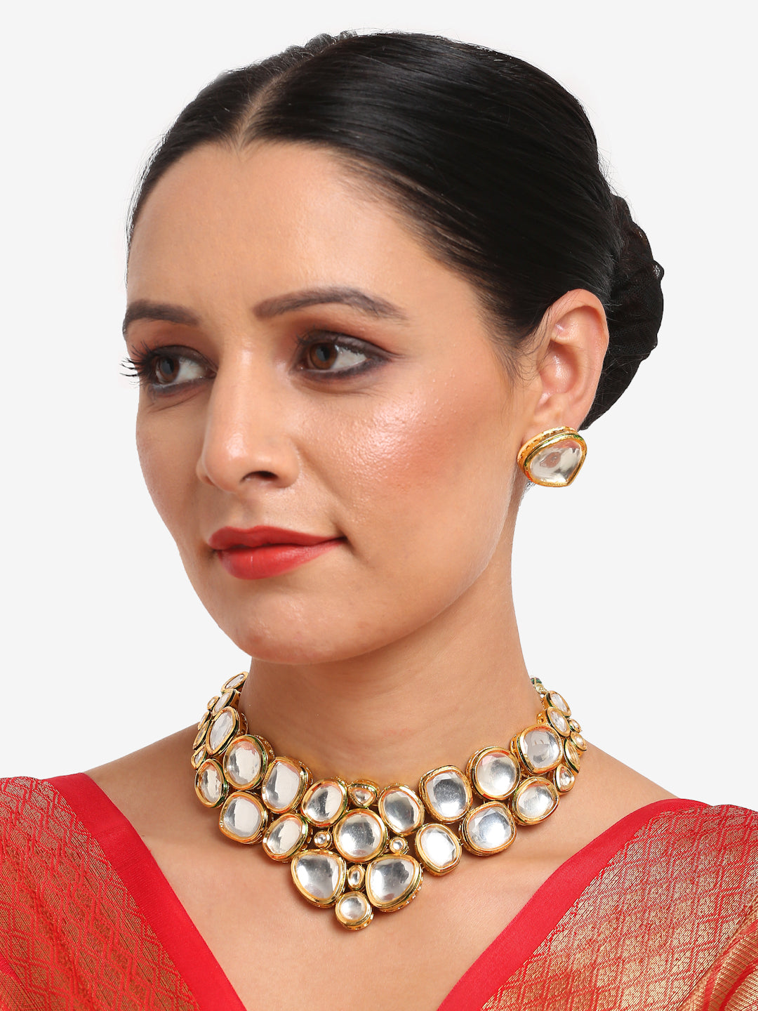 Gold Kundan Choker With Studs - Ruby Raang