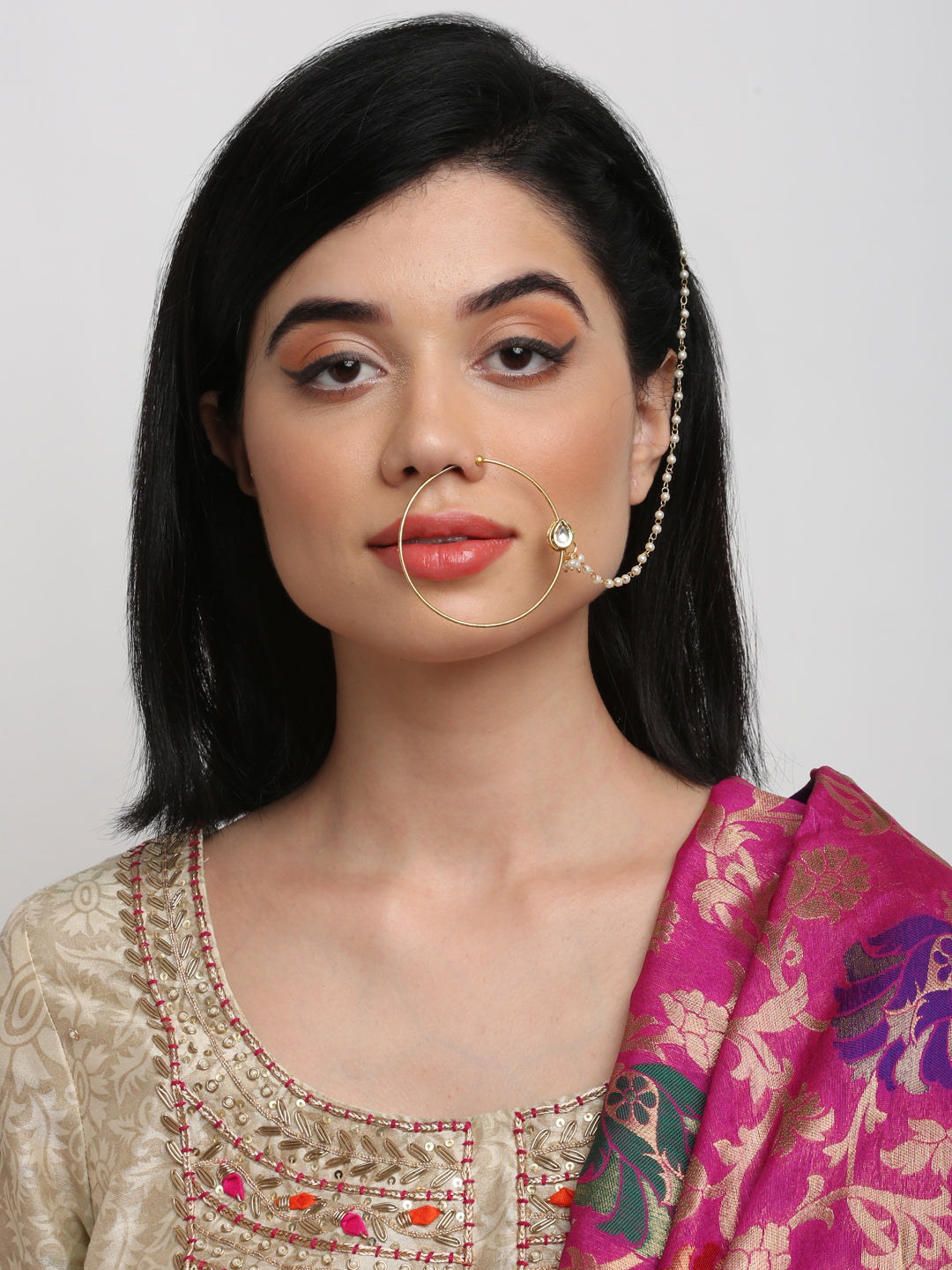 Gold-Polished Tear Drop Kundan Nose Ring - Ruby Raang