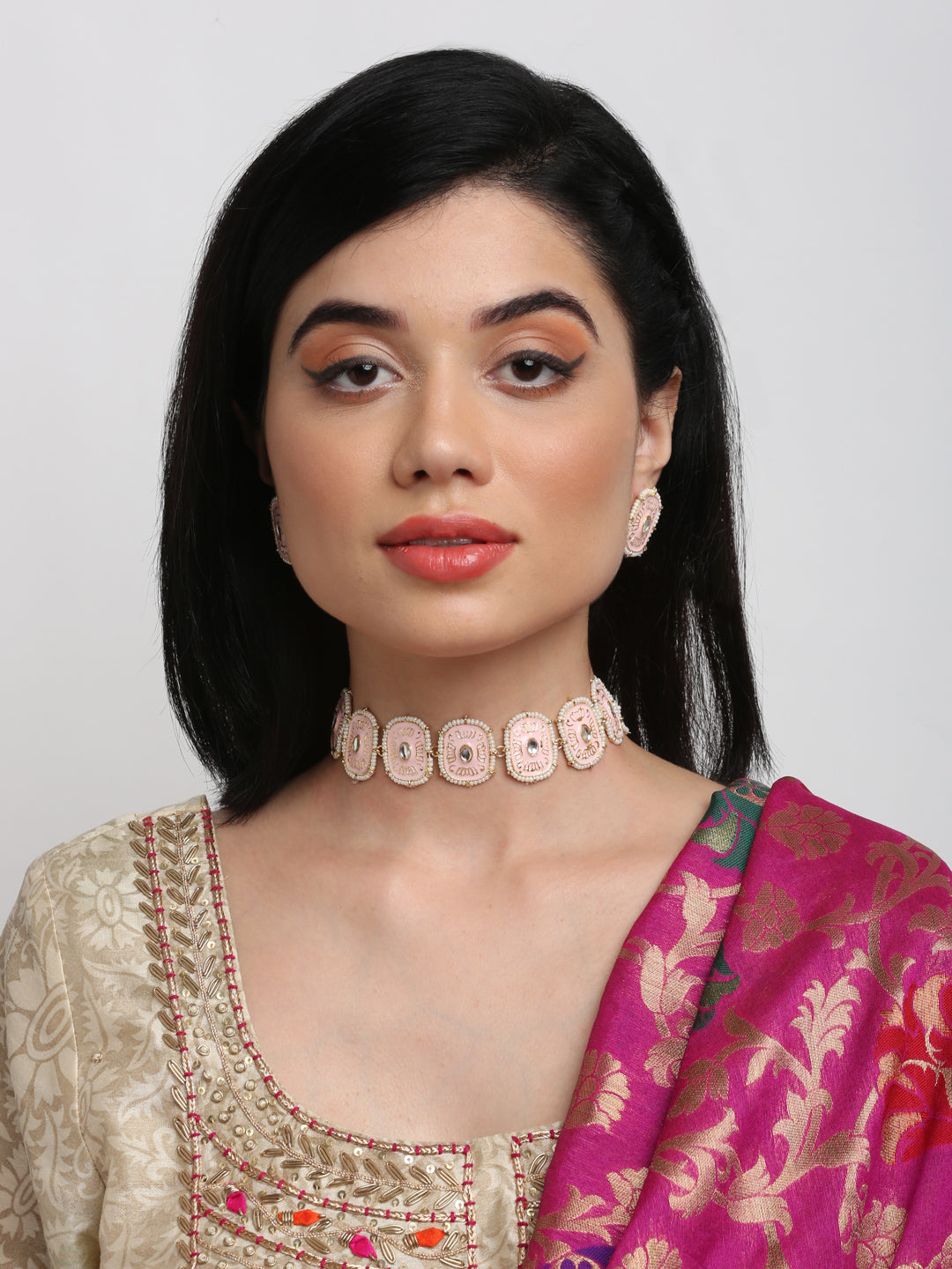 Kundan Choker With Pearls, Earrings & Maang Tikka - Ruby Raang