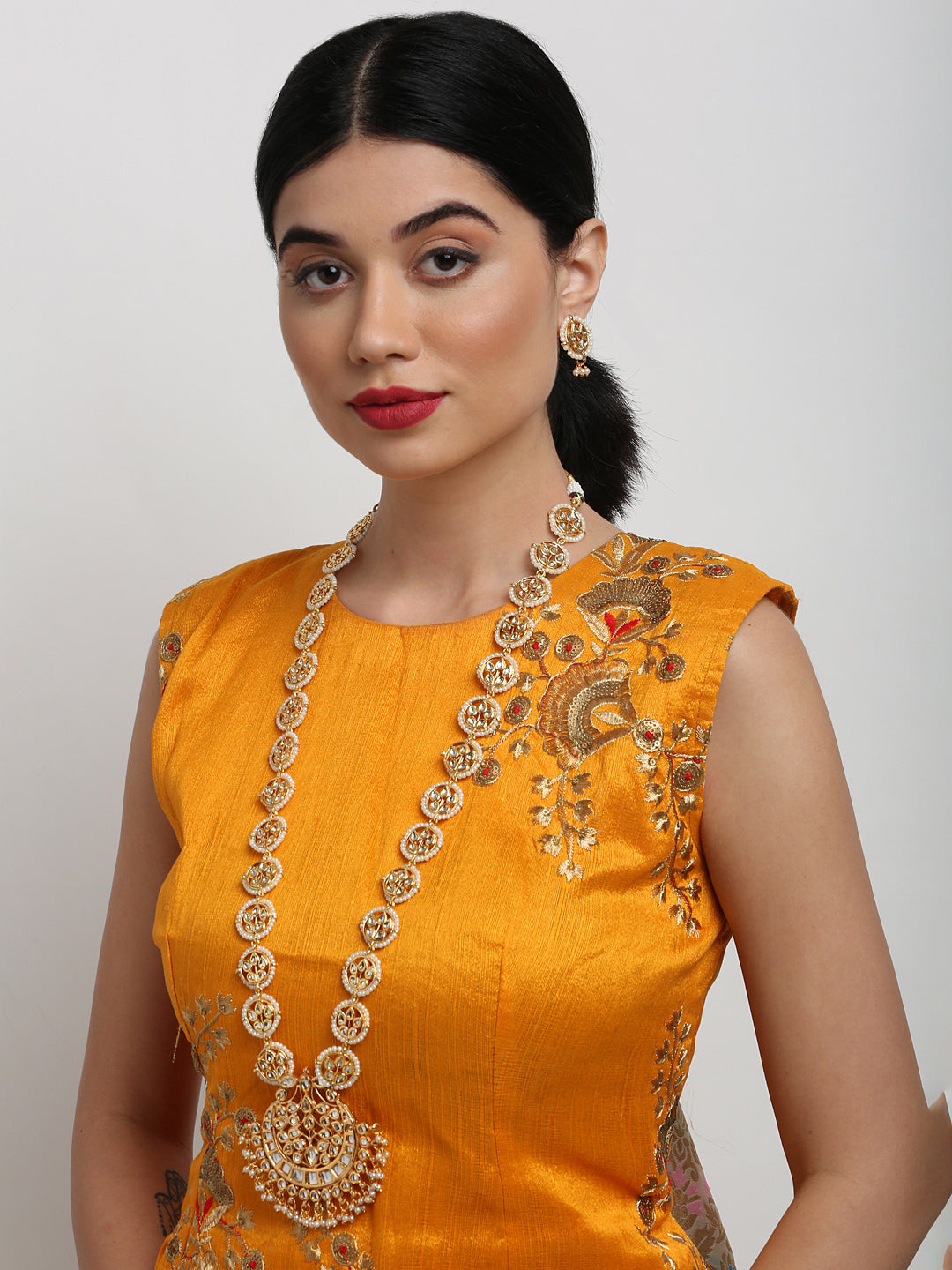 Long Kundan Neckpiece With Studs - Ruby Raang