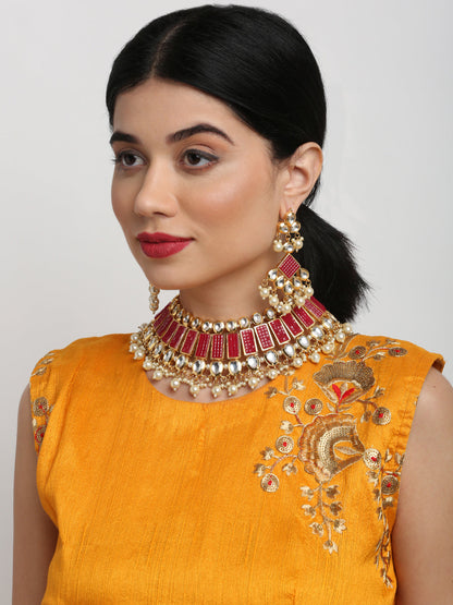Long Kundan Neckpiece With Earrings - Ruby Raang