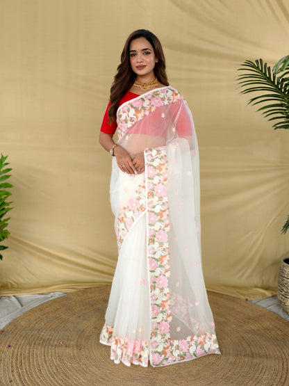 Mameraa Sarees White Premium Chiffon Saree With All Over Designer Embroidery-White