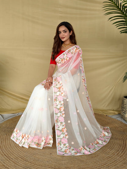Mameraa Sarees White Premium Chiffon Saree With All Over Designer Embroidery-White