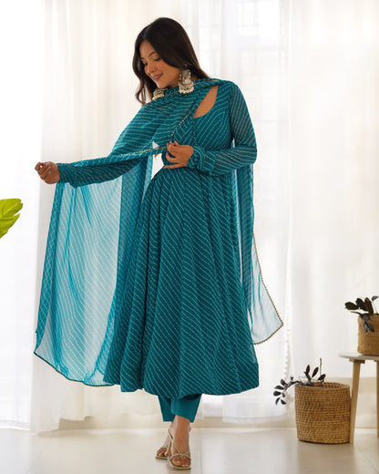 Lorenvalley Fashion Women Pure Soft Faux Georgette Laheriya Print Fully Flair Anarkali Kurta Pant With Dupatta Set - Rama