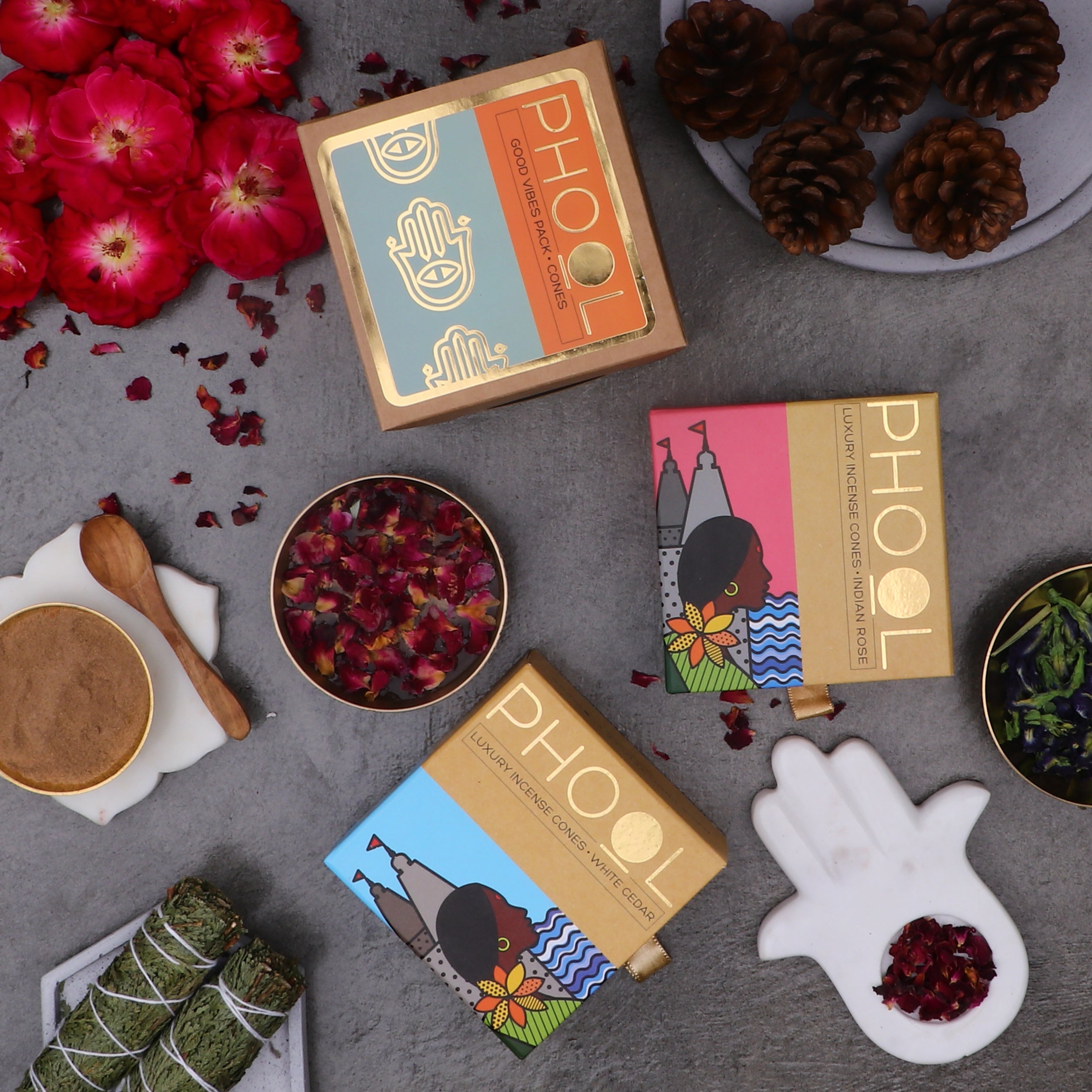 Phool Good Vibes Pack with Indian Rose & White Cedar Cones Combo