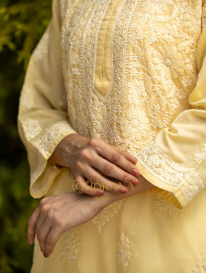 Gharana India Sahiba Chikankari Pastel Yellow Cotton Kurta With Bakhiya Work