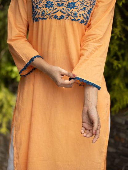 Gharana India Mul Cotton Blush Orange Kurta With Fine Chikankari In Blue Thread